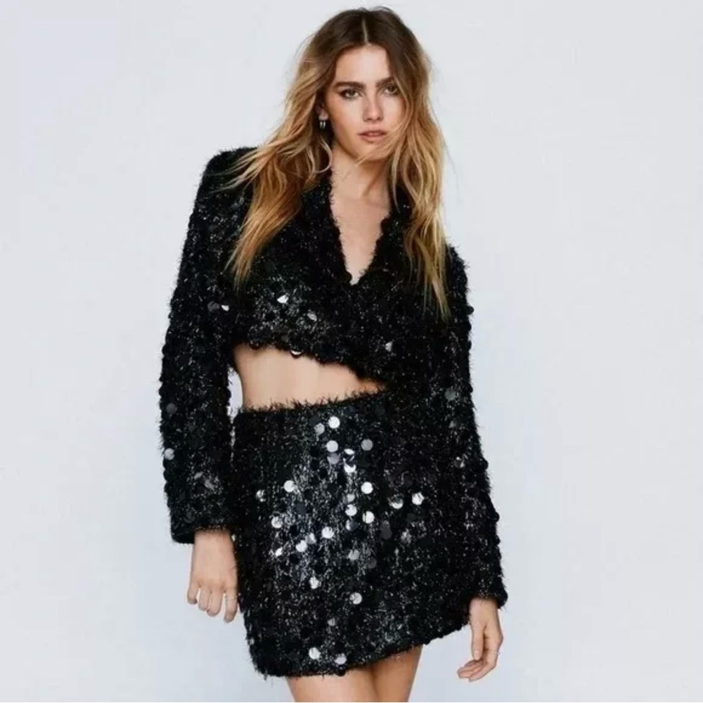 Nasty‎ Gal Tinsel Sequin Cropped Jacket Mini Skirt Set Black 6 Party Clubbing